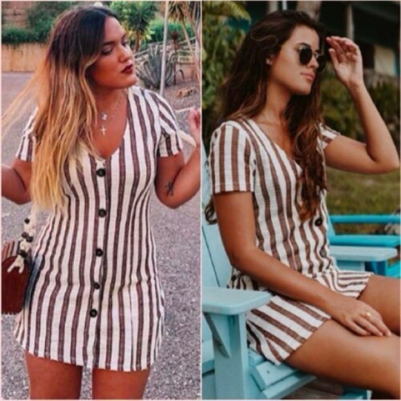 Zara V-Neck Striped Tunic or mini dress in Brown and White - Picture 1 of 10